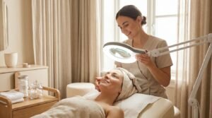 Esteticista evaluando la piel del rostro con lámpara de aumento — Revista Clínica AUREA