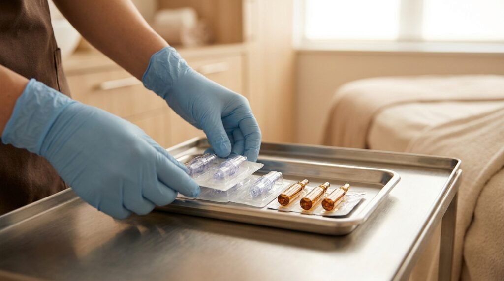 Manos con guantes preparando cartuchos de un solo uso en bandeja estéril — Revista Clínica AUREA