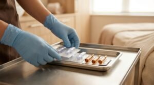Manos con guantes preparando cartuchos de un solo uso en bandeja estéril — Revista Clínica AUREA