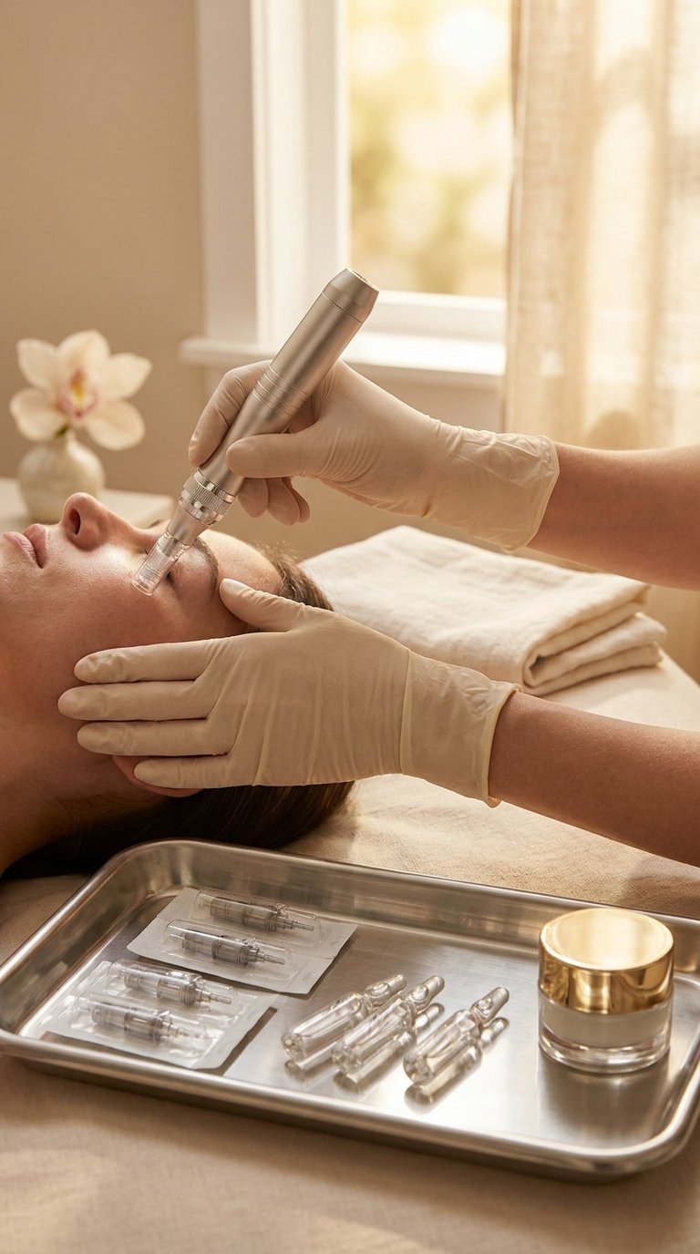 Esteticista aplicando microneedling con Dermapen y bandeja de insumos estériles en cabina clínica — AUREA ACADEMY