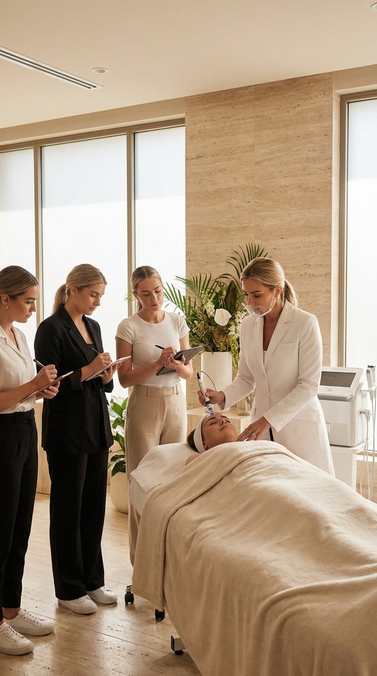 Masterclass clínica de microneedling: formadora demostrando el protocolo a un grupo de alumnas — AUREA ACADEMY